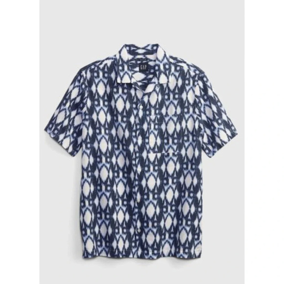 GAP Men's Blue & White IKAT Linen Short Sleeve Button Down Shirt Sz Large - Picture 1 of 12